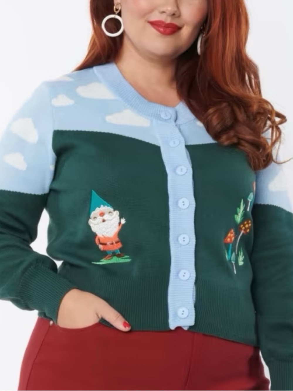 Unique Vintage Green & Light Blue Gnome Cardigan Sweater